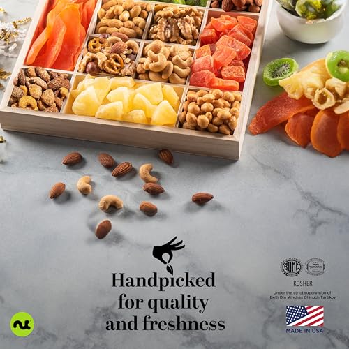 NUT CRAVINGS - Dried Fruit & Mixed Nuts Gift Basket in Reusable Wooden Tray + Ribbon (12 Assortments) Food Arrangement, Healthy Snack Care Package, Kosher - style: 6. Red Ribbon Dried Fruits & Nuts Wooden Tray