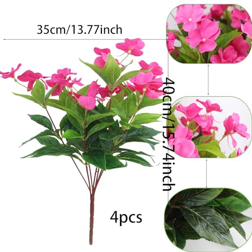 CITYES 4 Pcs Artificial Flowers Outdoor Impatiens UV Resistant Silk Impatiens Flowers Rose Red Faux Flowers Impatiens Bushes Artificial Impatiens for Pot Patio Lawn Garden Hanging Basket Porch Decor - color: Rose Red
