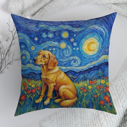 Fokongna Decorative Pillow Covers Vincent Van Gogh's The Starry Night, with a Golden Retriever in a Grassy Field Full of Blooming Flowers for Couch Home Bedroom Living Room 18 x 18 Inch Pillow Covers - color: Golden Retriever