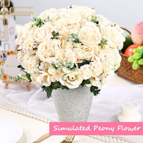 Olgaa 12 Bundles Peonies Artificial Flowers Silk Flowers Faux Peony Fake Peony Hydrangea Flower Bouquet Bulk for Vase Filler Centerpiece Table Decorations Wedding Arch Flowers (Champagne) - color: Champagne