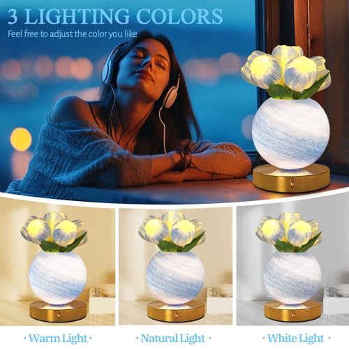 Tulip Table Lamp, Rechargeable Cordless Touch Dimming Artificial Tulip Flower Desk Lamp, LED Flower Bedside Night Light Romantic Gifts for Girl Women Mom (Blue Tulip) - color: Blue Tulip