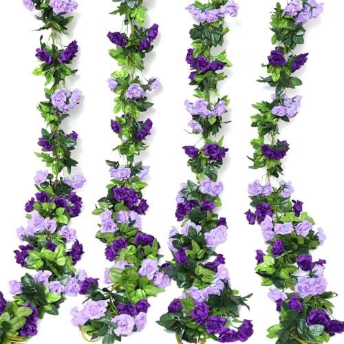 Floweroyal 4 Pack Artificial Flower Garlands 7.9FT Fake Rose Vines Silk Flowers Hanging Rose Ivy for Wedding Arch Party Home Garden Wall Decor (Purple) - color: Purple, size: 4pcs