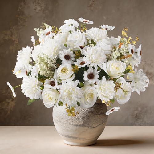 Artificial Fake Flowers for Spring Decoration, 4 Pcs Faux Silk Flower Arrangements Centerpiece for table with Chrysanthemum Rose Daisy Floral Bouquets Office Wedding Patio Porch Indoor Home Decor - color: White