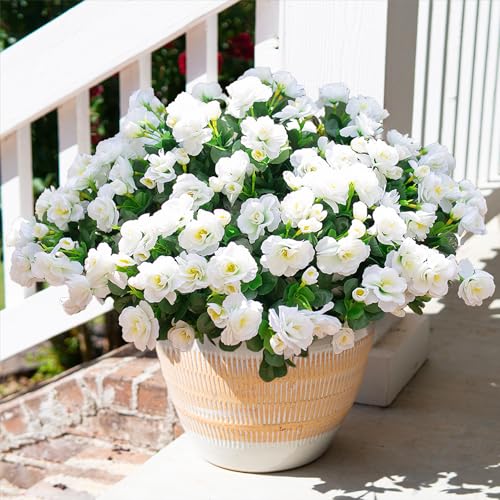 HyeFlora Artificial Fake Flowers Plants for Outdoor Outside Spring Decoration, Faux Silk White Camellia UV Resistant Realistic for Front Door Porch Planter Pot Patio Balcony, 3 Large Bundles - color: White