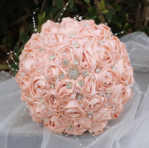 Ujicde Romantic Wedding Bouquet Bridal Bridesmaid Round Bling Brooch Bouquet Throw Toss Artificial Rose Flower Bunch with Sparkle Rhinestone Crystal Decoration(Peach Pink,Dia. 6.3"*16cm) - color: Peach Pink, size: Dia. 6.3"*16cm