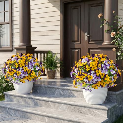 16 Pcs Artificial Pansy Flowers for Outdoor Faux Silk Spring Flowers for Outside, UV Resistant Realistic Pansies for Window, Front Door, Porch and Home Decor (16, Purple, Yellow, White, Light Purple) - color: Purple, Yellow, White, Light Purple