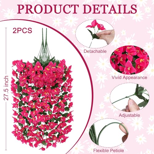 Artificial Bougainvillea Flowers Plants for Outdoors Decoration, 2 Pcs Faux Silk Flowers Long Trailing Fake Vines for Front Door Porch Planter Balcony Patio Summer Spring Home Decor, Hotpink - color: Hotpink