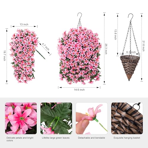 Hoppwodd Artificial Flower for Outdoors 4pcs Fake Lily Hanging Flower Baskets for Outside UV Resistant Silk Faux Long Trailing Vines for Garden Porch Patio, Pink - color: Pink