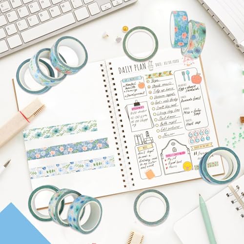 12 Rolls Floral Washi Tape, Blue Rose Flower Masking Tape, Spring Vintage Blue Pink Floral Decorative Tapes for DIY Craft Scrapbooking Journals Planners Gift Wrapping Birthday Party Decor 16.4FT - color: P