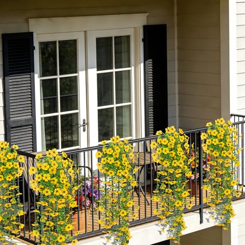 4 Pcs Artificial Hanging Flowers for Outdoor, Fake Silk Daisy Flowers Spring Summer Decoration UV Resistant Faux Plants for Planter Front Door Porch Patio Balcony Yard Decor, Yellow - color: Yellow