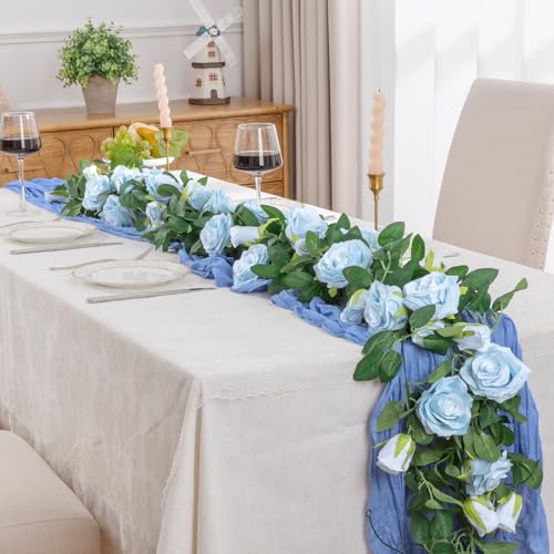 U'Artlines 5 Pack Artificial Blue Rose Vines Floral Garlands Total 32.5 Ft Fake Vine Silk Flower Garland for Indoor Outdoor Home Wedding Arch Garden Wall Decoration - color: Blue, size: Set of 5