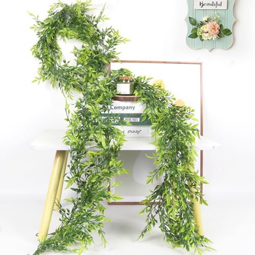RECUTMS 3Pcs Artificial Italian Ruscus Greenery Garland 5.8ft Bamboo Leaves | Green Vine, Hanging Ivy Plant, Fake Willow Leaf, For Room Door Wall Table, Wedding Arch Birthday Party Decor, Indoor Outdoor - color: Willow Vine Green