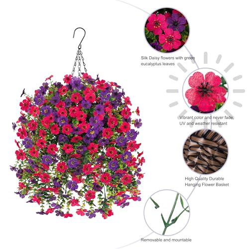 HyeFlora Artificial Hanging Flowers Basket for Outdoor, Fake Flowers Faux Plants Look Real for Yard Gardens Porch Patio Home (Darkpurple+Hotpink) - color: Darkpurple+hotpink
