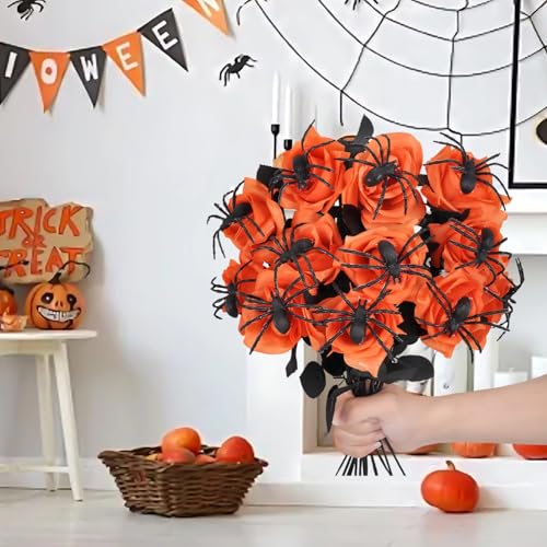 Halloween Artificial Flowers, 15 Pcs, Rose and Spider Design, Bendable Stems, Silk Orange Black Decor for Parties,