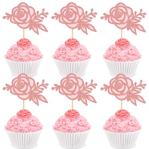 24Pcs Glitter Pink Rose Flower Cupcake Topper Double Layers Roses Flowers Cupcake Picks for Floral Bridal Shower Wedding Anniversary Mother's Day Valentine's Day Floral Birthday Cupcake Decoration - color: Pink Rose