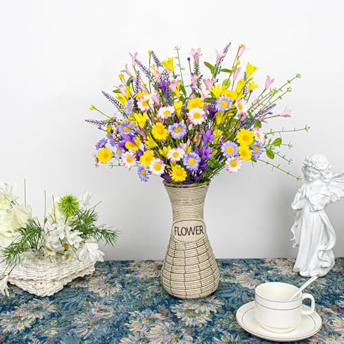 JINGHONG Artificial Spring Flowers 12 Pack Floral Picks 17” Flower Stems with Forsythia and Green Leaves for Spring Summer Flower Arrangements Centerpieces Indoor Outdoor Decorations
