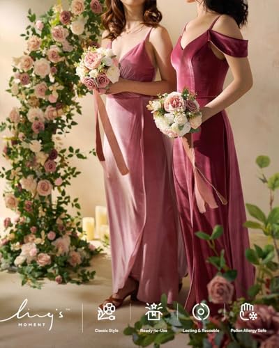Ling's moment Dusty Rose Artificial Wedding Flower Bouquet for Bridesmaid Pink Floral Bouquet Blush Bridesmaid Bouquets with Ribbon Ceremony Anniversary,7-inch Diameter - color: Pk-dusty Rose & Cream