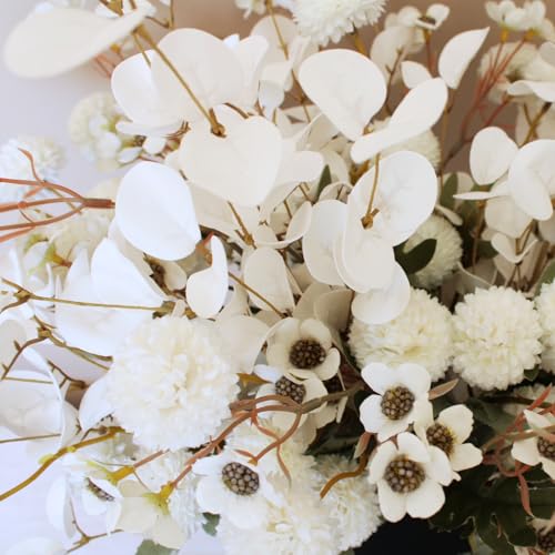 20pcs White Artificial Flowers Bulk For Vase That Look Real, White Flower Centerpiece For Table, Silk Floral Home Decor Indoor, Faux Kiku + Eucalyptus Stems + Wildflowers, Flores Blancas Artificiales - color: White Kiku+wax+eucalyptus