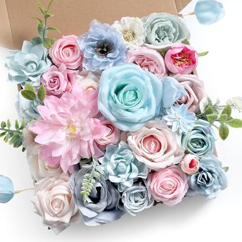 Artificial Flowers Roses Fake Flowers with Stems Blue Pink Artificial Flowers for DIY Bridal Bouquets Faux Flowers Centerpieces for Table Home Decor - color: Blue&pink