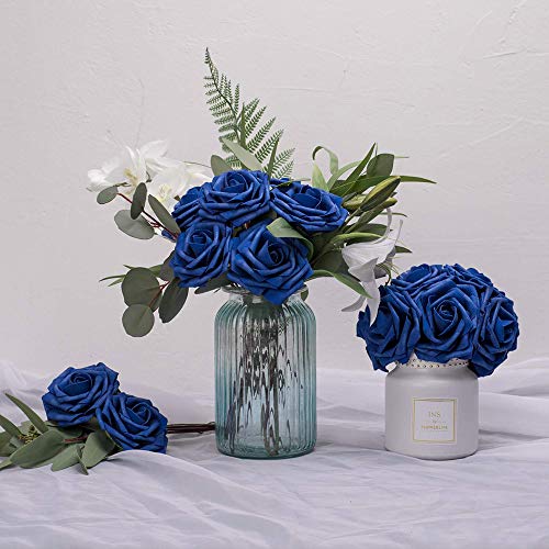 Higfra Artificial Flowers 25pcs Real Looking Royal Blue Foam Fake Roses with Stems for DIY Wedding Bouquets White Bridal Shower Centerpieces Arrangements Mothers Day Party Tables Decorations - color: Royal Blue, size: 25Pcs