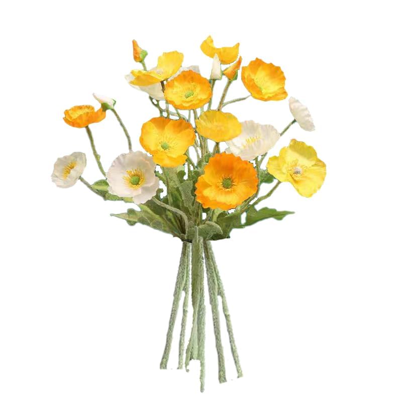 6pcs Artificial Poppy Silk Flowers With Stems - Faux Spring Blooms for Home Kitchen Table Centerpieces, Floral Arrangements, Wedding Bouquets and Mixed Decorations - color: Yellow-white