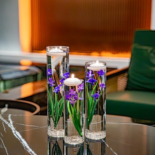 Floating Flower for Table Centerpiece Artificial Purple Orchid Glass Cylinder Vase Set with Floating Candles Fake Ice Cubes for Wedding Party Home Bar Restaurant Festival Decoration - color: Purple 2