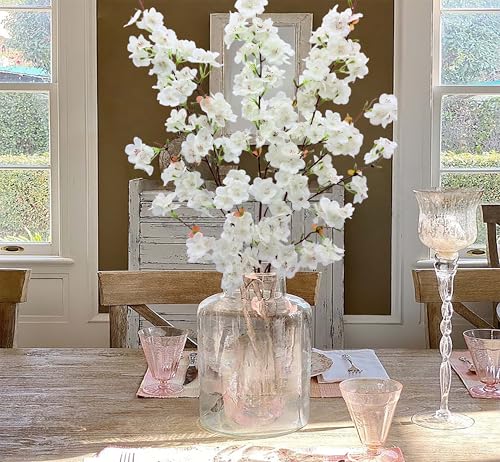 3PCS Artificial Cherry Blossom Flowers Branches 42" Long Stem White Silk Cherry Blossom Tree Faux Cherry Blossom Tall Fake Flower Arrangement for Spring Summer Wedding Indoor Outdoor Decor