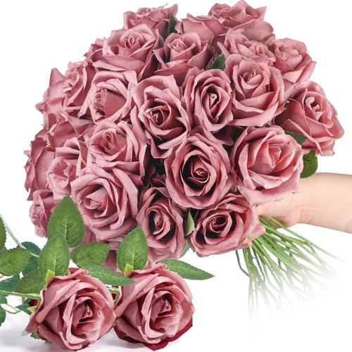 Thiccywoov 30 Pcs Rose Artificial Flowers in Bulk Lifelike Long Stem Silk Roses Bouquets Realistic Faux Flowers for Wedding Bridal Shower Home Decor Floral Arrangements Table Centerpiece(Dusty) - color: Dusty