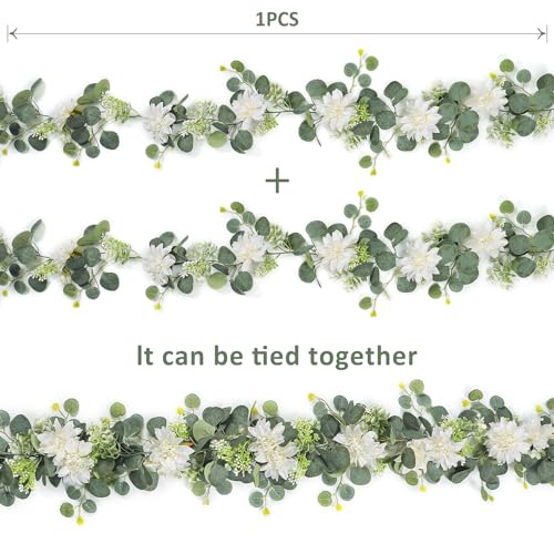 Dremisland Artificial Flowers Garlands 2 Pack 12Ft Artificial Eucalyptus Garland with Dahlia Flower Hanging Flowers Vines Spring Garland for Backdrop Wedding Arch Bedroom Home Wall Room Decor - size: 2PCS