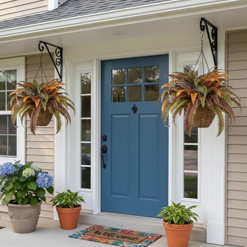Artificial Plants Faux Fern, Artificial Ferns for Outdoors Indoors, 45 Inch Large Fake Boston Ferns 2 Pack, Realistic Hanging or Floor Greenery for Porch House Decor, Rust Autumn Color - color: Rust Autumn Color