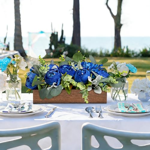 Royal Blue Flower Centerpieces for Table, Pre-Made Artificial Peony Hydrangea Centerpieces for Dining Table Wood Flowers Centerpieces for Wedding Graduation Living Room Party Bar Kitchen Table - color: Royal Blue