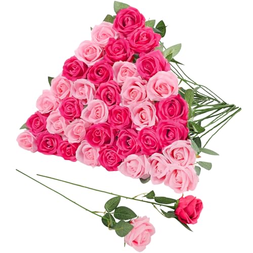36 Pcs Pink, Hot Pink Artificial Roses with Long Stems, Fake Silk Rose Artificial Flowers Bulk for Bridal Wedding Bouquet Centerpiece Ball Arrangement Party Decor - color: Pink,hot Pink