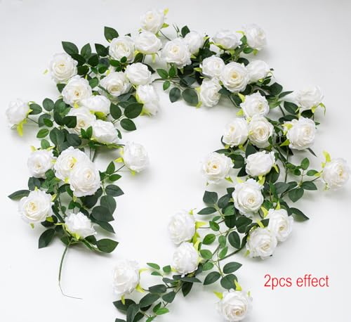 2Pcs 12Ft Bendable Artificial Flower Garland Faux Rose Vine Hanging Floral Garland for Wall Decor Trellis Fence Home Room Garden Wedding Decoration(White, 2pcs) - color: White, size: 2pcs
