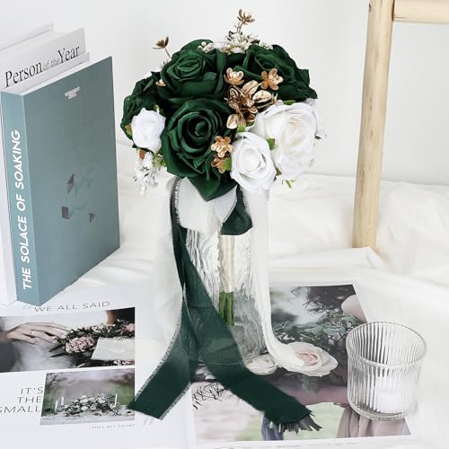 Wedding Bouquet for Bride - Premade Simple Artificial Roses Flowers for Bridal Shower Destination Ceremony Anniversary Decorations - Emerald Green & Gold & White - color: Emerald Green & Gold & White
