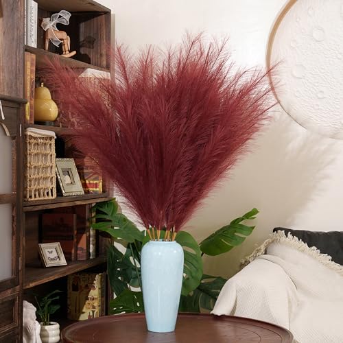 Premium Faux Burgundy Red Pampas Grass – 43.3" Tall Fluffy Romantic Decor, 8pcs 18-Branch One-Piece Stems No Assembly, Luxury Feather Flowers for Wedding Holiday Decor (Claret Red, 8 Stems / 110cm) - color: Faux Claret Red, size: 8pcs 43.3"(110cm)