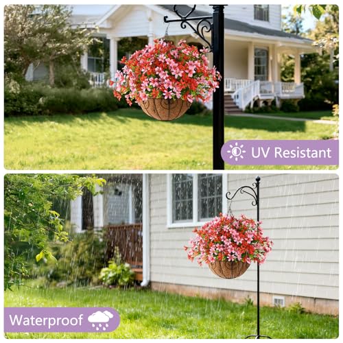 INQCMY Artificial Hanging Flowers for Outdoors, 5 Bundles UV Resistant Artificial Hanging Baskets,All Weather Fake Flowers for Patio, Porch, Yard, Window Box,Home for Spring Summer Decoration. - color: Red Pink