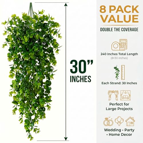 8 Pack Artificial Eucalyptus Plants 30 Inches UV Resistant Hanging Vines for Indoor Outdoor Wedding Arch Wall Decor Patio Porch Party Backdrop