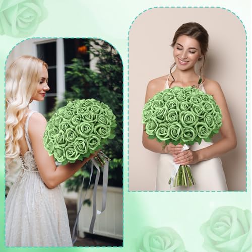 36 Pcs Velvet Texture Sage Green Artificial Flowers Bridal Bouquet, Fake Rose Long Stem Realistic Flowers Bulk for Valentine's Day Wedding Bouquet Ball Arrangement Centerpiece Party Home Deco - color: Sage Green