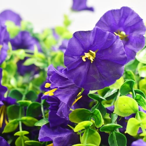 Musdoney 4PCS Artificial Hanging Flowers, Fake Hanging Plants Morning Glory Vines UV Resistant for Wall Home Room Garden Wedding Indoor Outdoor Spring Summer Decoration (Purple) - color: Purple