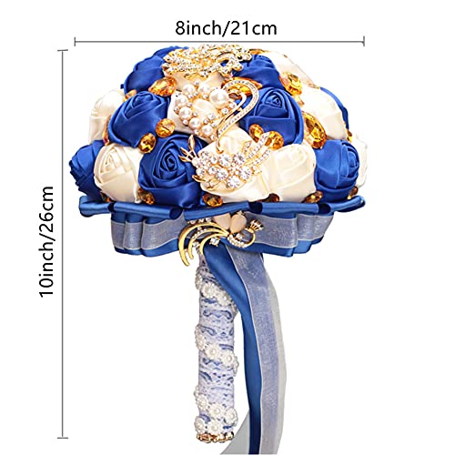 Handmade Wedding Bouquets for Bride Bridesmaid Brooch Artificial Holding Flower Tossing Bouquet（Ivory/Royal Blue,18cm,1PC - color: Ivory/Royal Blue, size: 18CM/7.1''