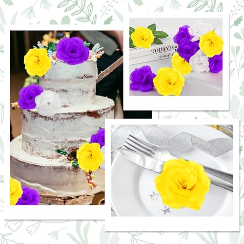 LELEE 108pcs Roses Head Flowers with Stem, Yellow Purple White Artificial Flowers Rose Bulk, Silk Rose Fake Flower for Memorial Day Wedding Bouquet DIY Baby Shower Centerpieces Outdoor Grave Decor - color: Yellow-purple-white