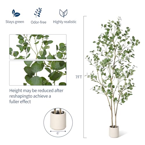 GarveeHome 7 FT Artificial Eucalyptus Tree, Tall Faux Eucalyptus Plant with Silver Dollar Leaves, Indoor Fake Tree in Black Plastic Pot for Home, Office, Living Room, Modern Decor - size: 7ft