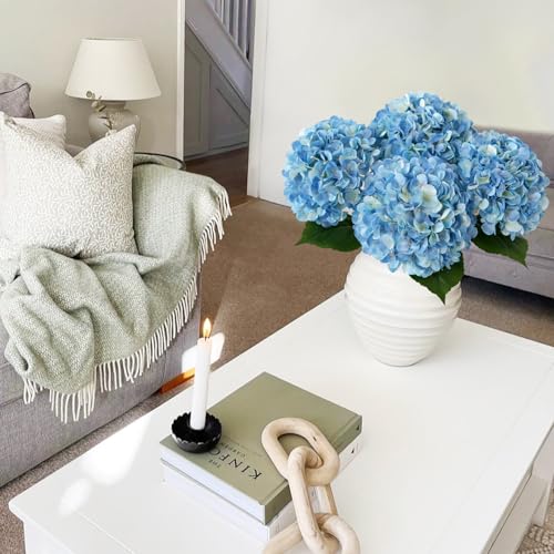 JINWOE Blue Flowers Hydrangea Artificial Flowers, 4Pcs 22" Large Lifelike Silk Artificial Hydrangeas, Full Fake Flowers for Bouquet Table Centerpieces Outdoor Wedding Indoor Home - color: Blue