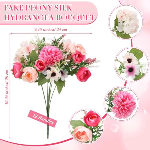 Tigeen Peonies Artificial Flowers Faux Roses Silk Flowers Hydrangea Artificial Bouquet for Wedding Table Centerpiece Floral Vase Home Office Bridal Decor(Rose Red,12 Bundles) - color: Rose Red