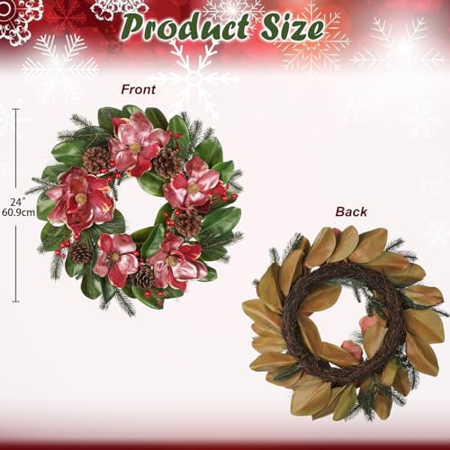 Briful 24in Christmas Magnolia Flower Wreath for Front Door Artificial Red Magnolia Floral Wreath with Pine Cones Berries Outdoor Christmas Wreath for Xmas Home Room Wall Window Mantle Decor - color: 24in Wreath