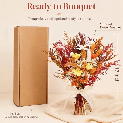 17" Dried Flower Bouquets, 100% Natural Dried Flowers with Dried Daisy,Dried Baby Breath,Eucalyptus,Orange Dried Flowers Decor for Vase Rustic Boho Home Decor,Party Fall Decor for Wedding Gift - color: Orange Daisy B