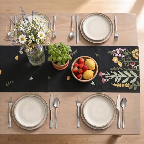 Artoid Mode Black Soft Chain Embroidery Wild Floral Spring Table Runner, Seasonal Halloween Kitchen Dining Table Decoration for Home Party Decor 13x72 Inch - color: Black, size: 13" x 72", Table Runner