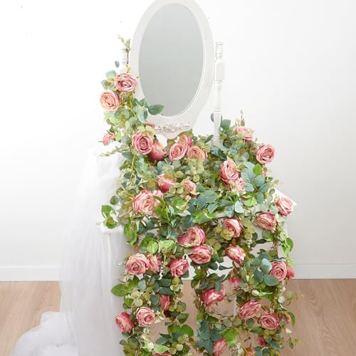 PONKING Flower Garland Artificial Rose Vine Flowers Hanging Fake Roses Vines for Wedding Birthday Party Valentines Christmas Room Wall Arch Decor, 2 Purple Floral Garland Decorations, High Realistic - color: High Realistic Flower Purple Vines 5.4ft