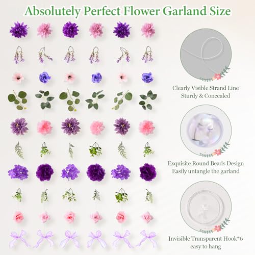 Livole 6Pcs 36Ft Hanging Flower Garland with Bow Wildflower Garlands Backdrop Silk Artificial Fake Floral Vines for Wedding Bridal Party Birthday Arch Wall Home Garden Decor(Purple) - color: Pinkish Purple, size: 6Pcs