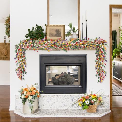 6ft Spring Summer Flower Garland, Artificial Floral Vine for Wall Backdrop Mantle Fireplace Stair Table Wedding Arch, All Season Home Door Porch Decor (Yellow+Pink) - color: Yellow+pink